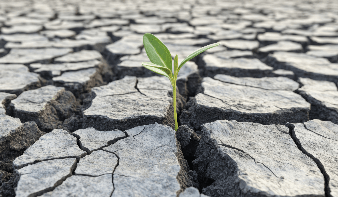 Un germoglio cresce nella terra screpolata; siccità, speranza, sopravvivenza.