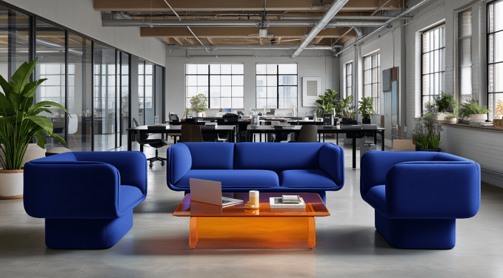 Ufficio moderno e luminoso con area relax arredata con divani blu e tavolino, spazi open space con postazioni di lavoro e piante verdi.