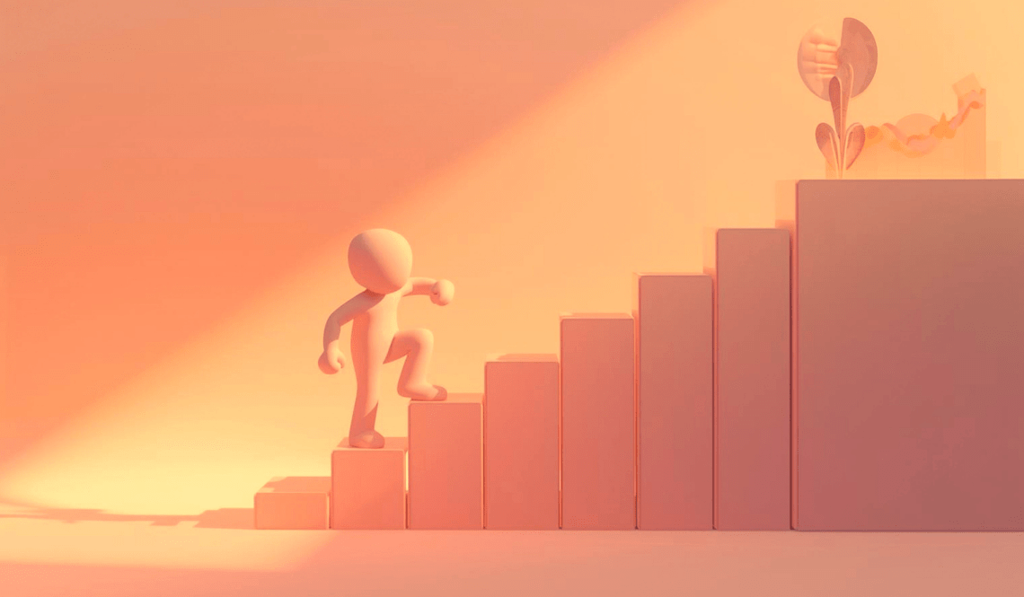 Figura stilizzata che sale i gradini verso l’obiettivo, simbolo della crescita professionale e della motivazione del personale nelle aziende orientate al successo.