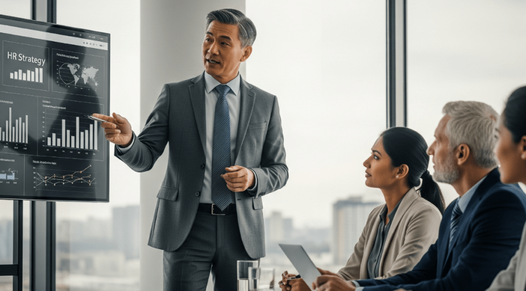 Manager che presenta una strategia HR con grafici e dati, simbolo della gestione delle crisi e della pianificazione delle risorse umane.