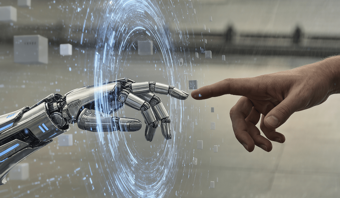 Mano robotica e mano umana che si sfiorano, metafora dell’integrazione tra intelligenza artificiale e lavoro umano.