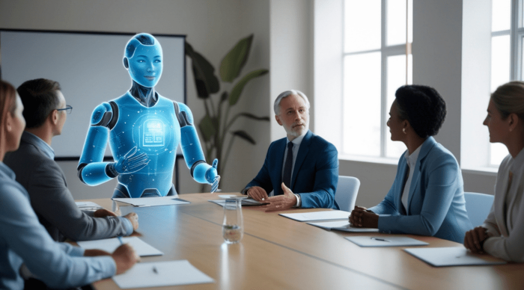 Intelligenza artificiale che interagisce con manager durante una riunione, esempio di collaborazione tra AI e lavoro umano.