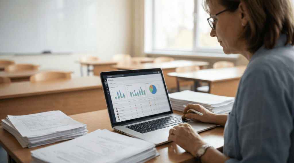 HR manager analizza dashboard con grafici e indicatori su laptop per valutare risultati di assessment e performance dei candidati.
