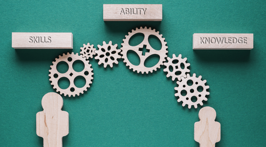 Ingranaggi con le parole skills, ability e knowledge che simboleggiano la mappatura e lo sviluppo delle competenze tecniche e trasversali.